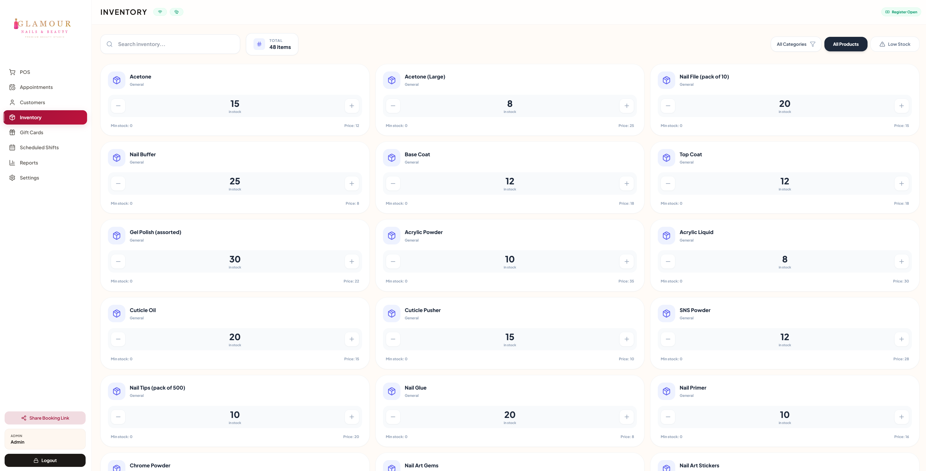 ZibaDesk inventory screen tracking clinical consumables with stock levels and per-unit cost
