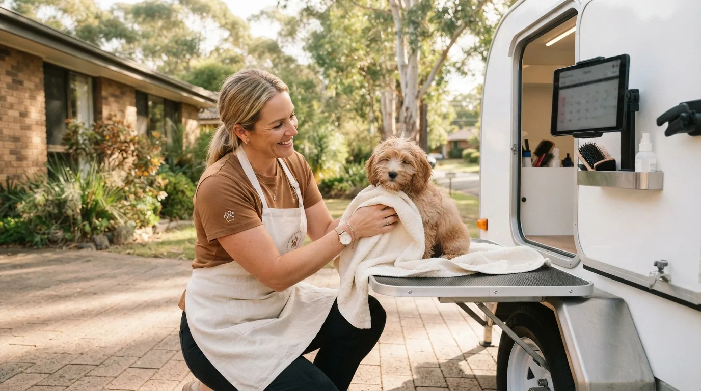 A mobile dog groomer towel-drying a cavoodle puppy beside her grooming trailer, with a booking tablet mounted inside the door
