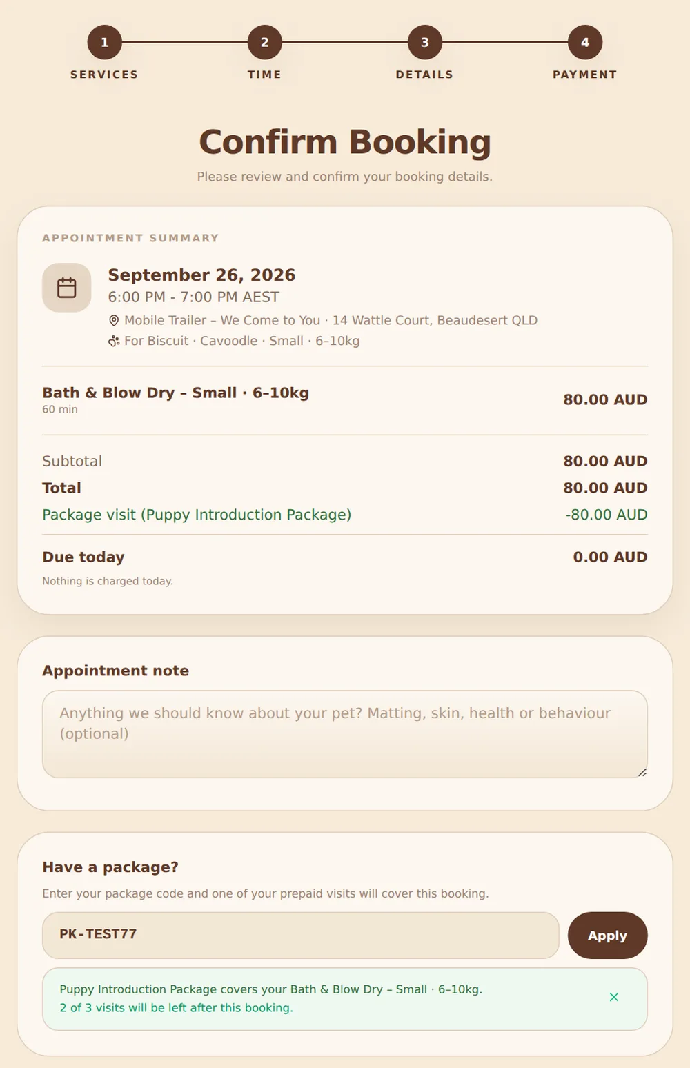 The booking checkout with a package code applied: the Bath and Blow Dry line is covered by the Puppy Introduction Package and the amount due today is zero