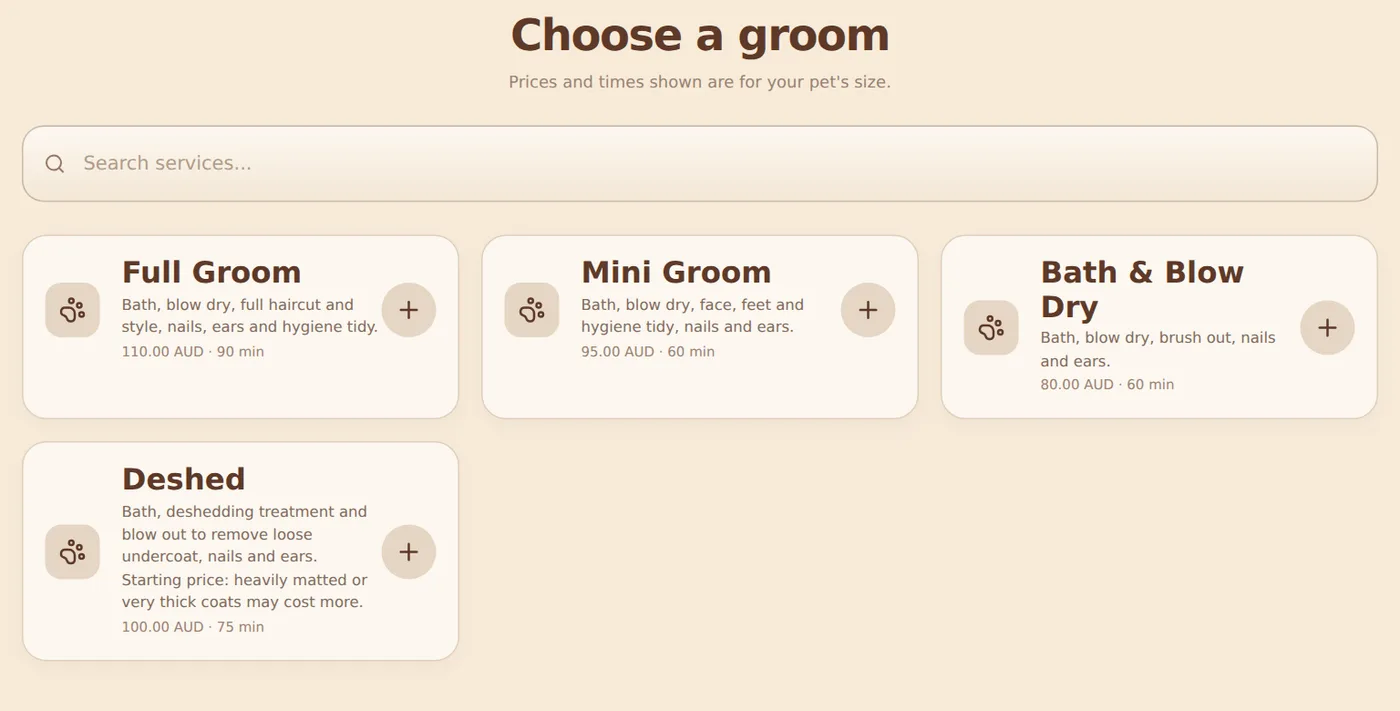 The groom menu on the booking page showing Full Groom, Mini Groom, Bath and Blow Dry and Deshed with prices and durations for a small dog