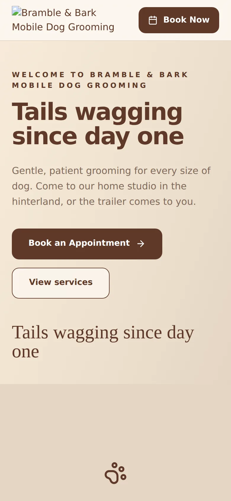 The same landing page on a phone, with the Book an Appointment button above the fold