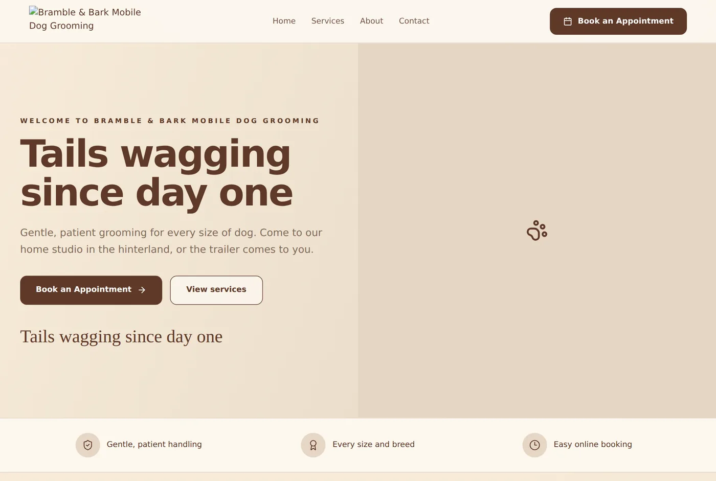 Bramble and Bark's public landing page in cream and brown with a Book an Appointment button and the tagline Tails wagging since day one
