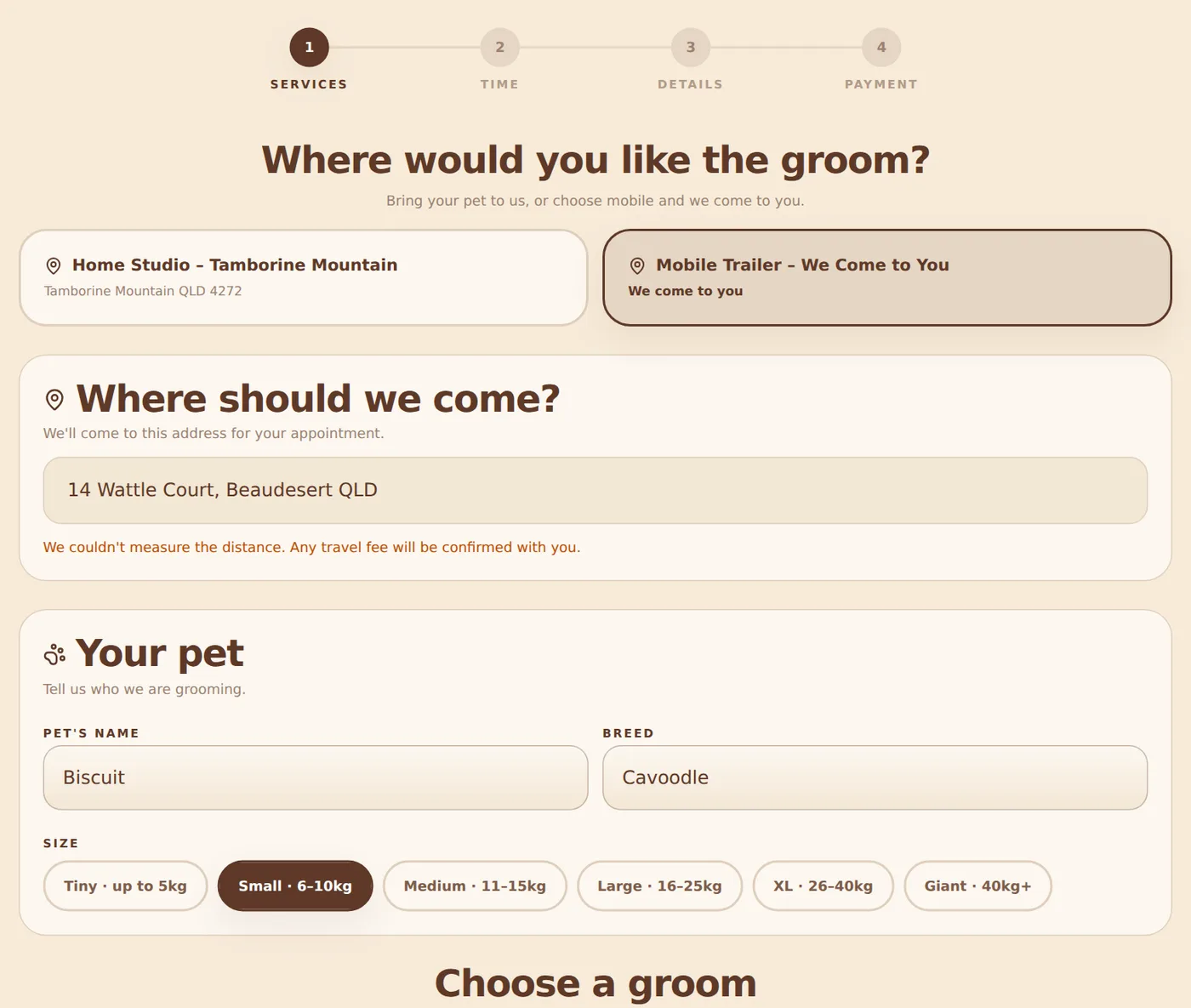Booking page step one: choosing between the home studio and the mobile trailer, entering the client's address, and adding the pet's name, breed and size