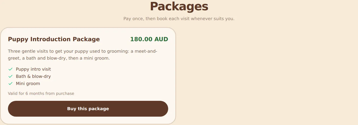 The Packages section of the booking page offering the Puppy Introduction Package for 180 dollars with its three included visits and a Buy this package button