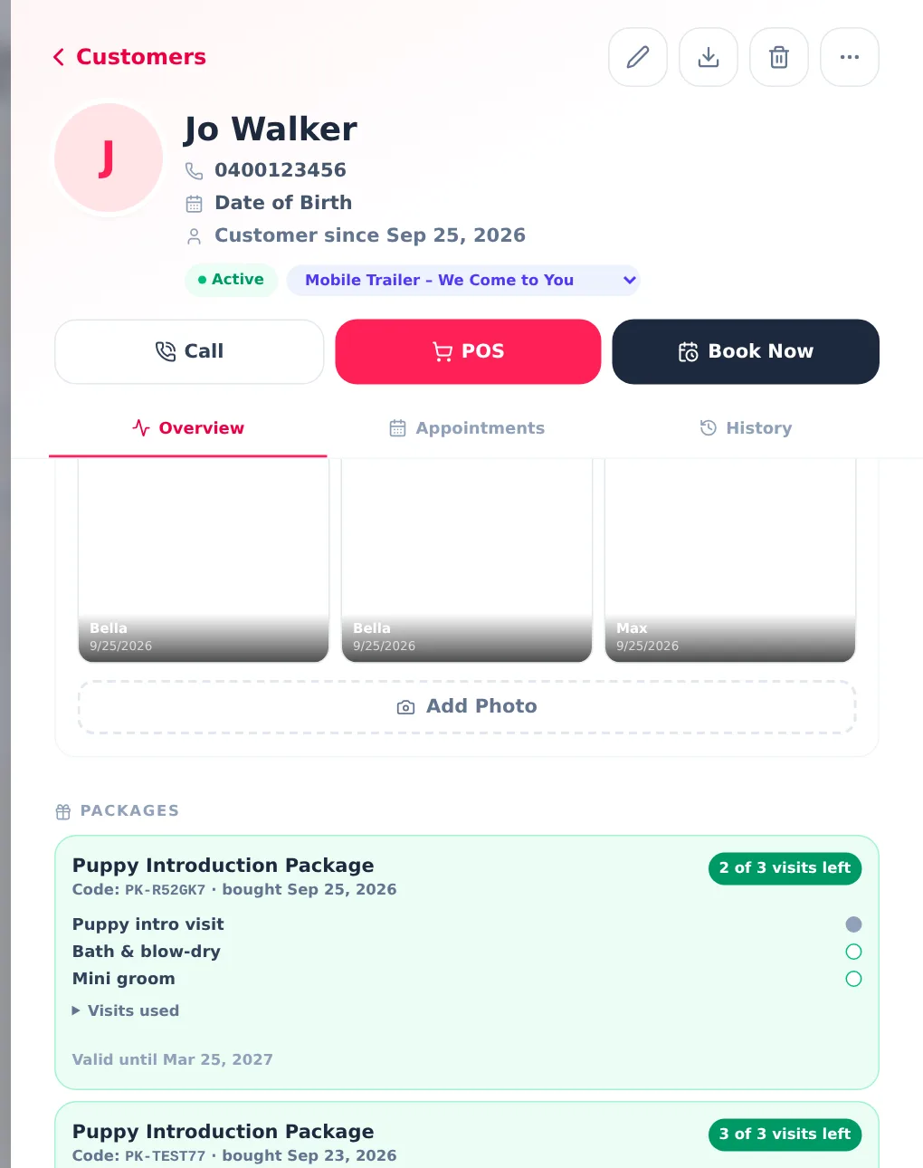 A client record in ZibaDesk with the Packages panel showing a Puppy Introduction Package, its code, two of three visits left and the expiry date