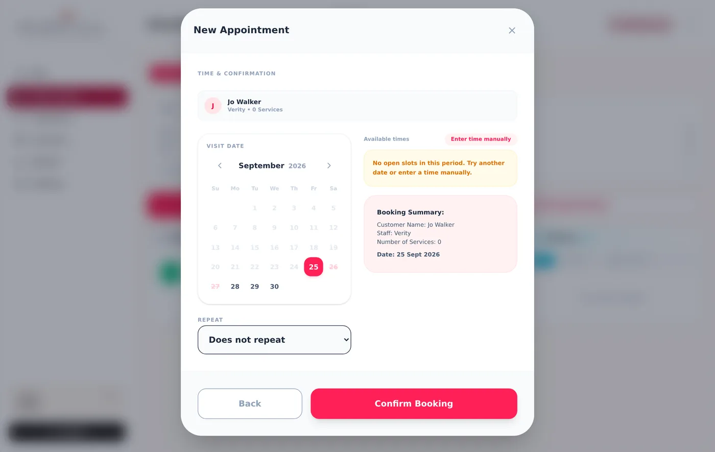 The New Appointment form in the ZibaDesk app with the Mobile Trailer location selected and a customer chosen