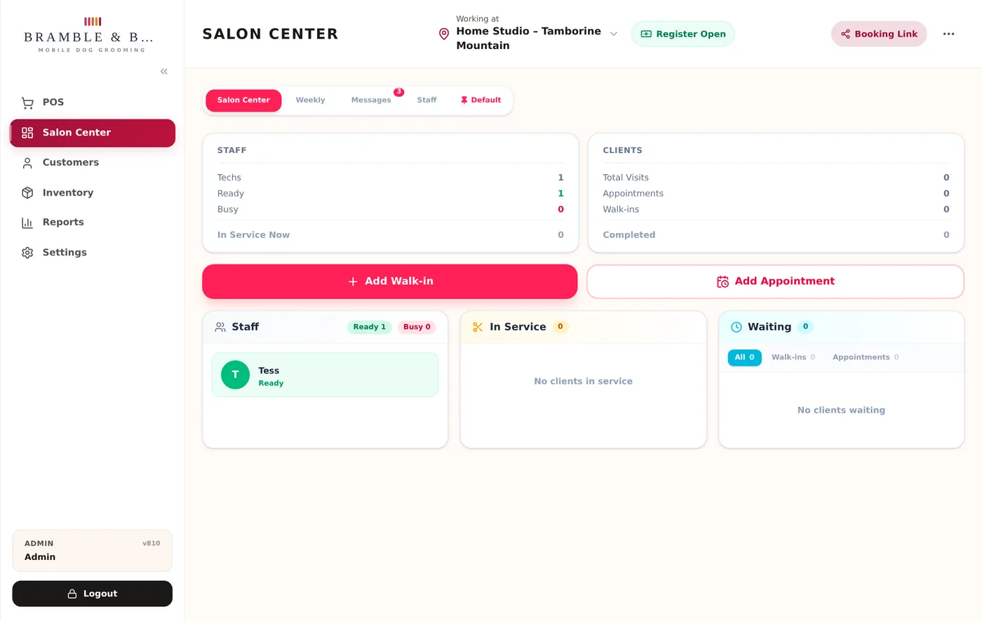 The ZibaDesk Salon Center screen with staff, in-service and waiting columns, and a Default pin in the view switcher