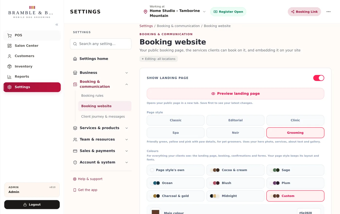 ZibaDesk settings for the booking website showing the Grooming page style selected and a grid of colour schemes with Custom chosen