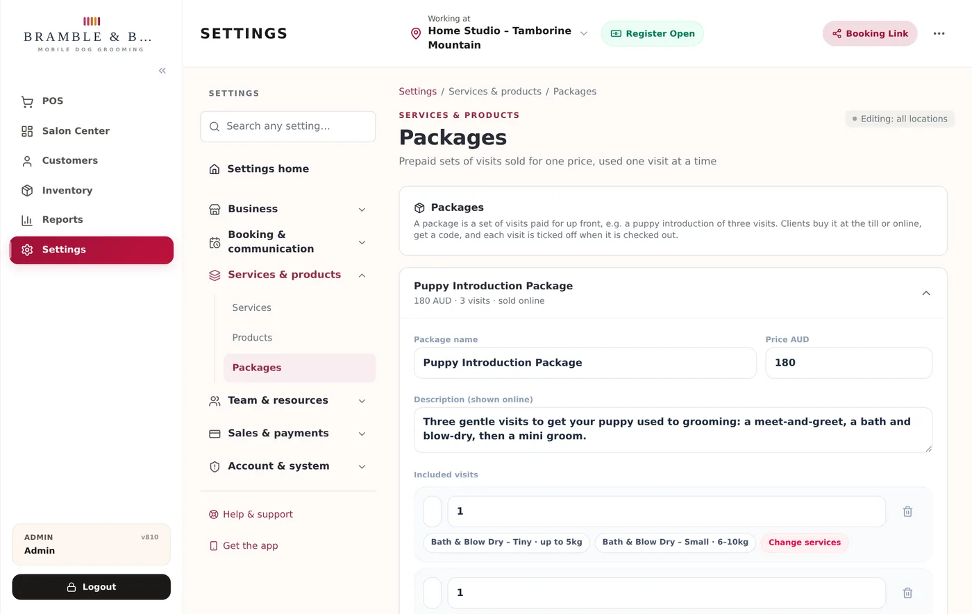 The Packages settings page in ZibaDesk with the Puppy Introduction Package open, showing its price, description and the services each included visit covers