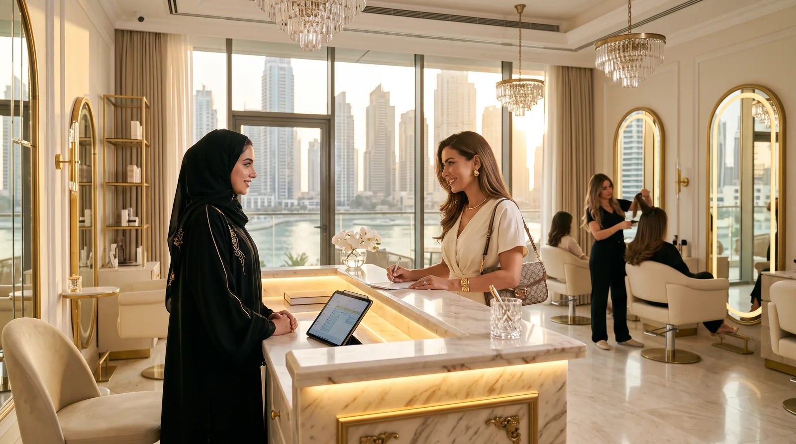 A receptionist greeting a client at the marble front desk of a Dubai Marina beauty salon, with the towers visible through the windows