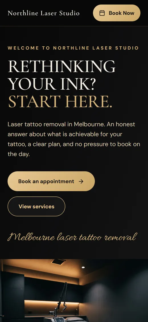 La página de reservas de Northline Laser Studio en un móvil con el titular «Rethinking your ink? Start here» y un botón «Book an appointment»