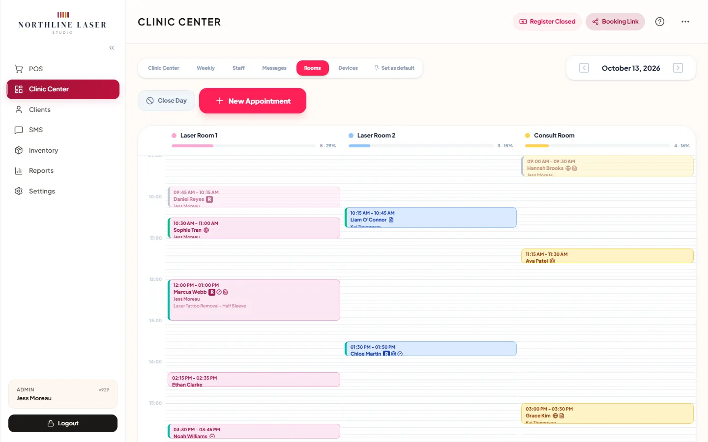 El calendario de Salas de ZibaDesk con la Sala Láser 1, la Sala Láser 2 y la Sala de Consulta, mostrando cada cita y la ocupación de cada sala