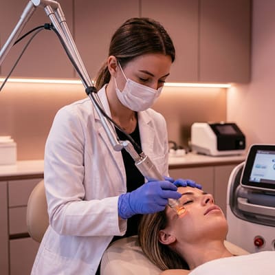 Modern aesthetic clinic treatment room set up for injectable and laser procedures