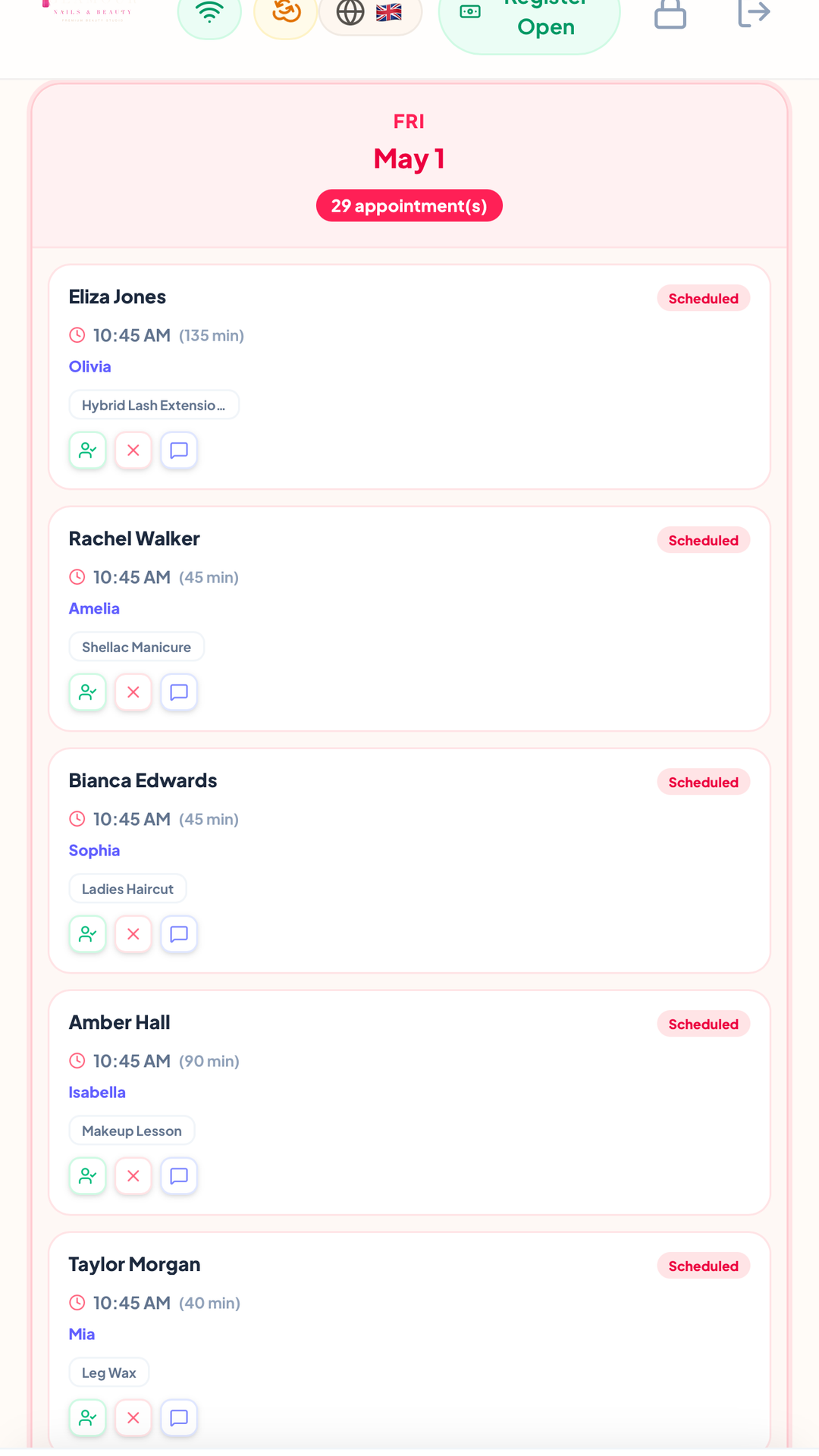 Daily appointment list showing 29 scheduled bookings