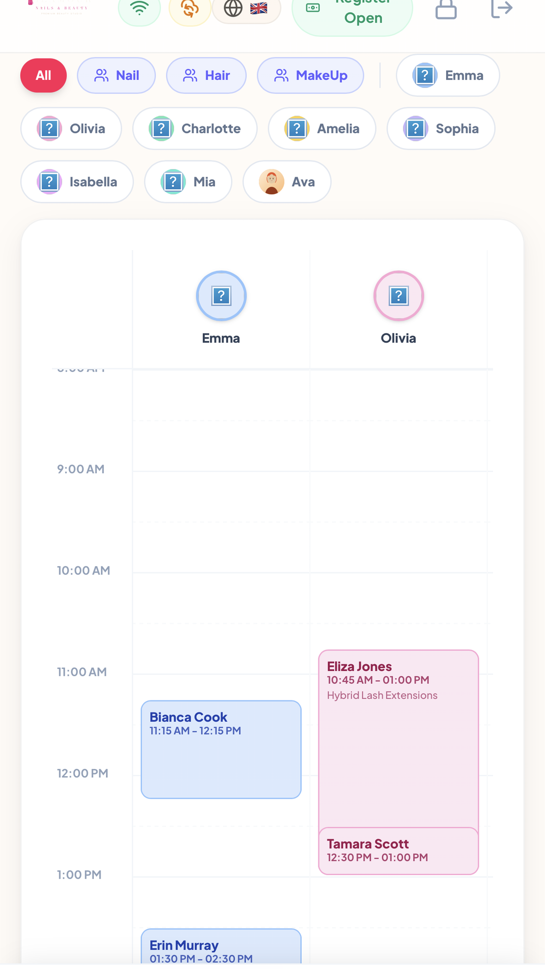 Multi-staff appointment calendar with colour-coded services