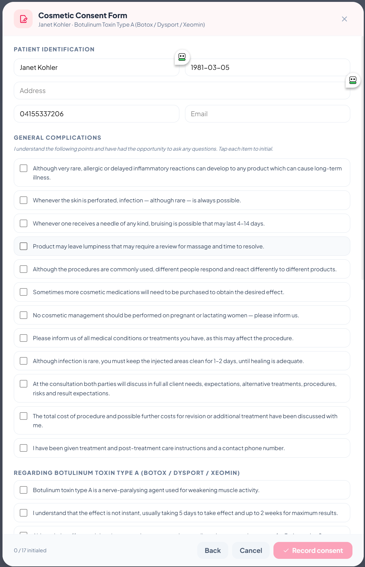 Elektronische Einwilligung in ZibaDesk mit gezeichneten Signaturfeldern für Patientin und Behandelnden