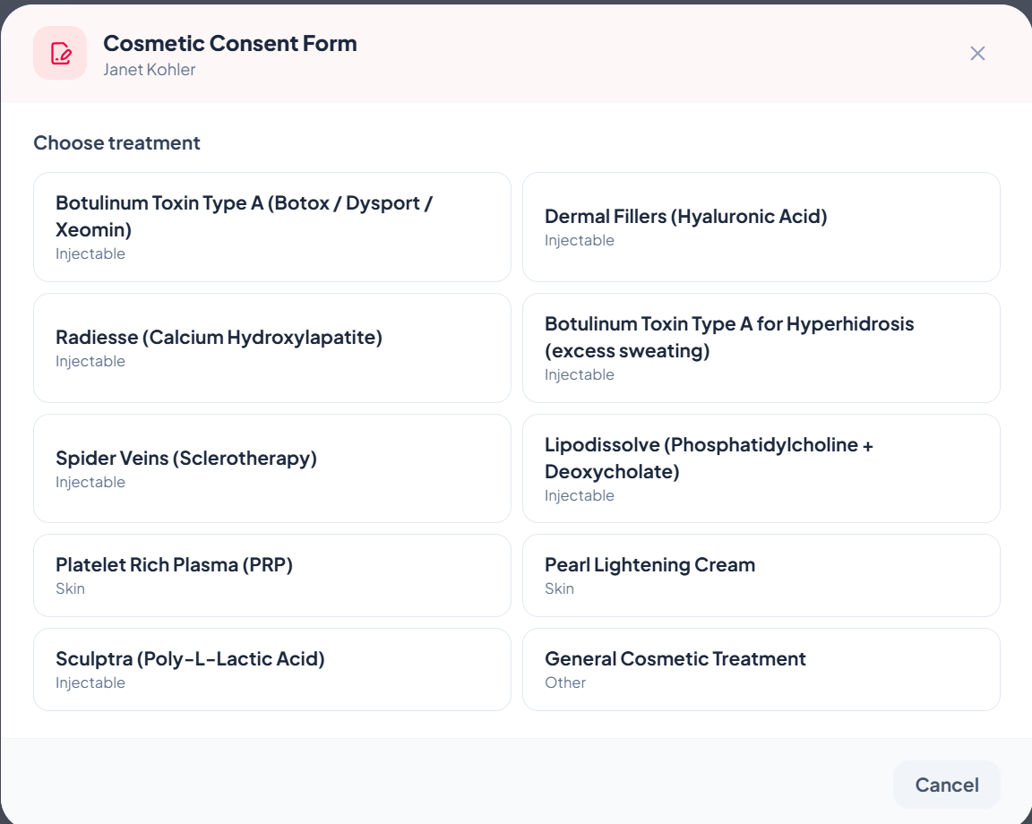 ZibaDesk Einwilligungsbildschirm mit unterzeichneter Behandlung, Zeitstempel und Notizen