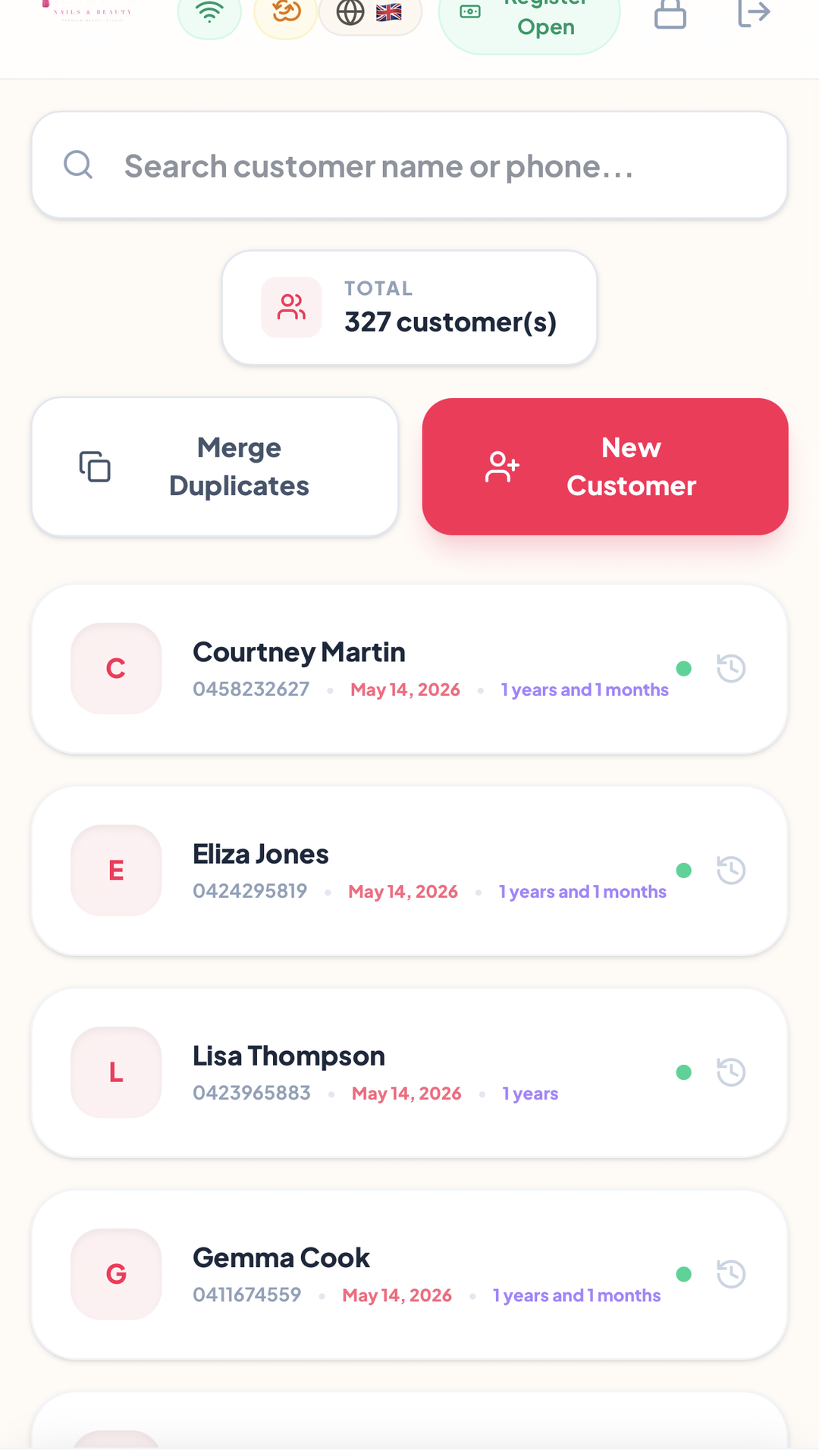 ZibaDesk customer list with 327 clients and last-visit dates