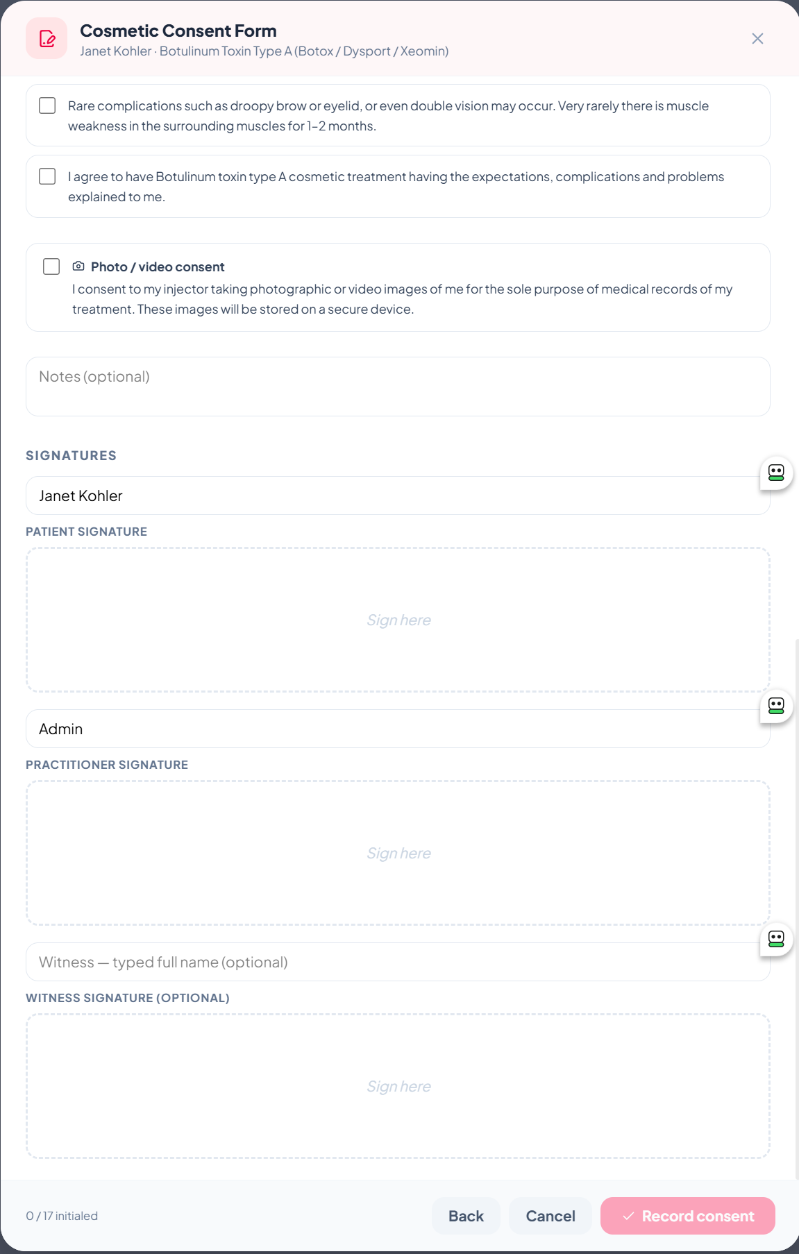 ZibaDesk-Einwilligungsformular mit drei Unterschriftsfeldern für Patientin, Behandler und optionale Zeugin