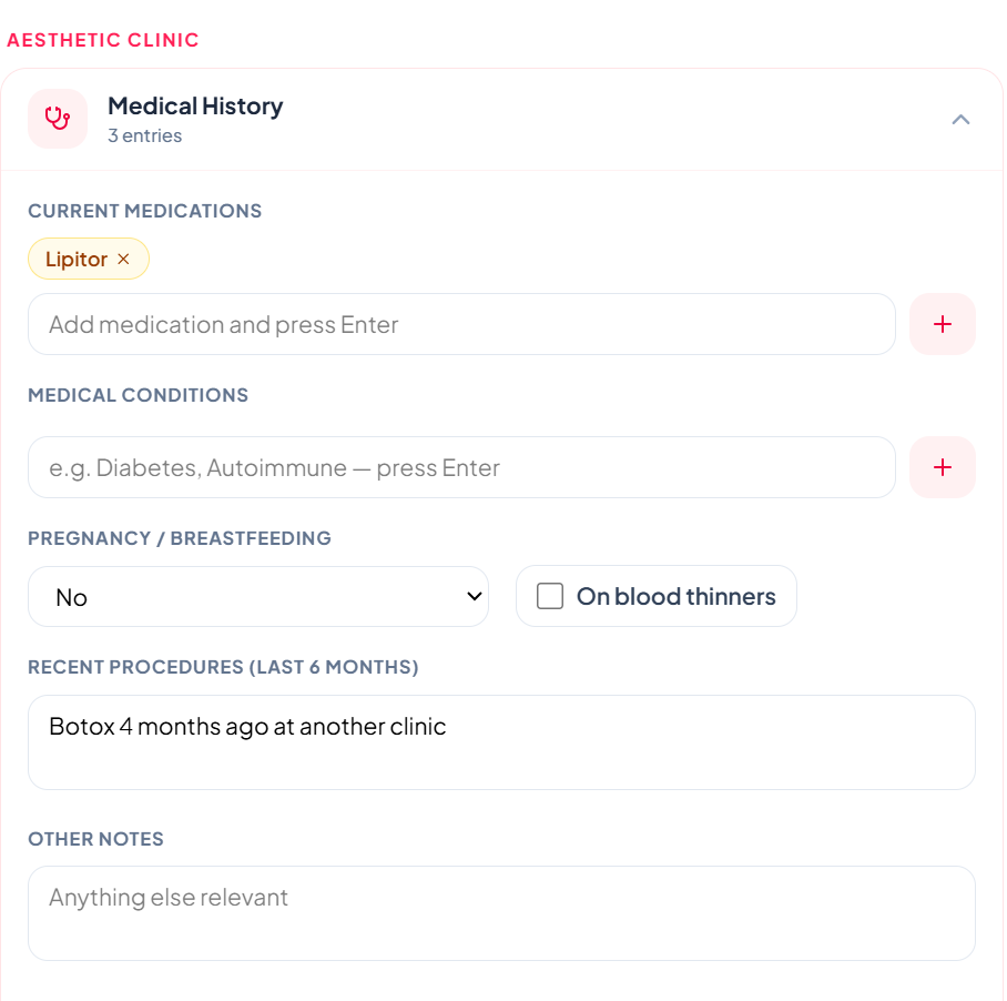 ZibaDesk structured medical history form capturing contraindications and patient health background