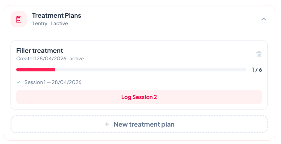 Interface des plans de traitement ZibaDesk montrant un traitement Filler en progression 1 sur 6 avec un bouton Enregistrer la séance 2